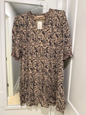THML Beige Dress with Black Floral Print - Short Sleeve Dress